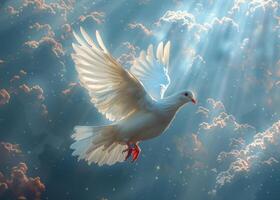 AI generated Dove in the air with wings wide open in-front of the sun photo