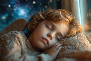 AI generated A little boy sleeps against the backdrop of a large window photo