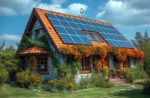 AI generated Solar panels on the roof of beautiful home with flowers and plants. Photovoltaic system on the roof photo