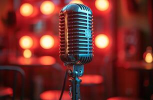 AI generated Vintage microphone on stage in the night club photo