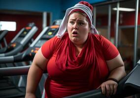 ai generado exceso de peso mujer corriendo en rueda de andar en gimnasio foto