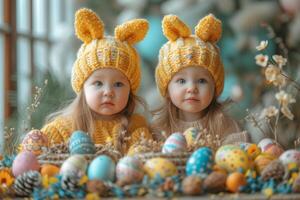 ai generado pequeño niños en Pascua de Resurrección huevo decorando un mesa con Pascua de Resurrección conejito mascaras foto