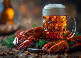 AI generated Beer and crayfish in rustic pub photo