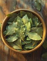 AI generated Bay leaves in bowl on top of a wooden table photo