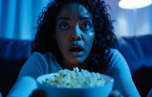 AI generated Shocked young woman sitting on the couch and watching TV at home with popcorn photo