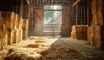AI generated Hay bales and barn with sunlight streaming in photo