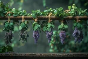 AI generated Fresh herbs and flowers hanging on rope to dry in the garden. Natural medicine photo