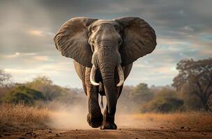 AI generated Single elephant walking towards the camera in cloud of dust photo