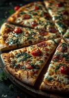 ai generado rebanadas de Pizza con queso y Tomates en de madera tablero foto