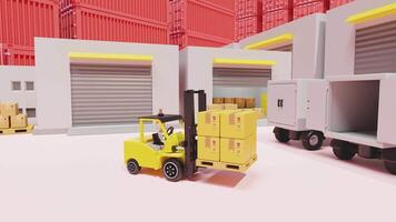 gebouw magazijn met heftruck voor importeren exporteren, goederen karton doos, pallet, vrachtwagen. logistiek onderhoud concept, 3d animatie video