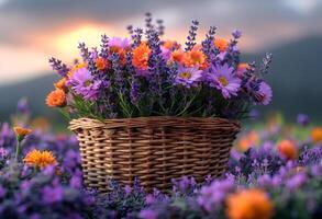 ai generado cesta con lavanda y manzanilla en el puesta de sol foto