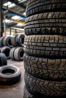 AI generated Tires for sale at tire store. A stack of new tires in the shop photo