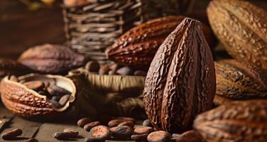 ai generado cacao frijoles y cacao vaina cacao polvo y chocolate en el de madera antecedentes foto