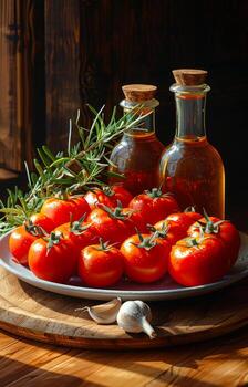 ai generado Tomates y aceituna petróleo en de madera mesa foto