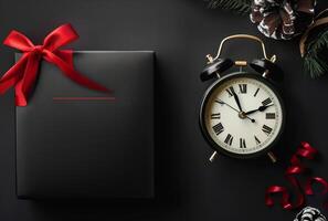 AI generated Black gift box and clock with red ribbon and christmas decorations on black background photo