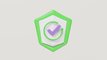 3d green shield with checkmark icon isolated. Internet security or privacy protection or ransomware protect concept, 3d render illustration video