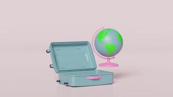 3d open suitcase empty with location pin, GPS navigator, map, cloud, globe, balloon, camera isolated on pink background. summer travel concept, 3d illustration render video