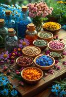 AI generated Table filled with variety of colorful dried herbs and flowers. Natural medicine photo