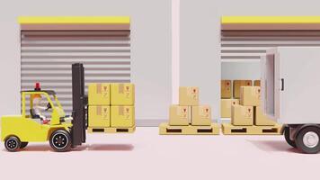 building warehouse with forklift for import export, goods cardboard box, pallet, truck. logistic service concept, 3d animation video