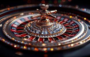 AI generated Casino theme. Gambling games. Closeup of the roulette wheel. photo