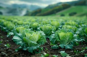 AI generated Fresh green cabbage growing on the field photo