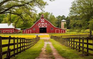 AI generated Red barn and horse in fenced pasture. Red barn and silo on farm in the rural photo