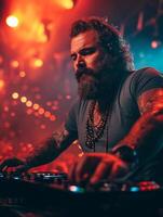 AI generated Charismatic bearded male DJ playing music at the night club photo