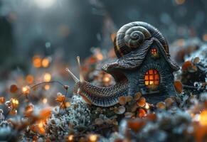 ai generado caracol y el casa en el jardín a noche foto