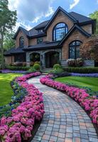 AI generated Beautiful home with brick walkway and colorful flowers. photo