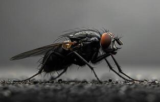 ai generado mosca es sentado en el piso. mosca es visto en negro superficie. foto