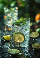 AI generated Cold refreshing drink with lime mint and ice on black table photo