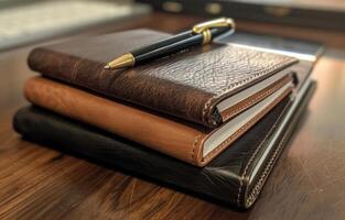 AI generated Three leather journals and pen on desk photo