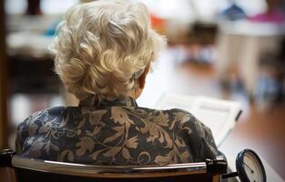 AI generated Woman sits in wheelchair and reads book. photo