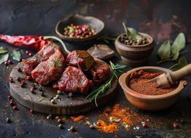 AI generated Raw meat and spices on dark stone table top view photo