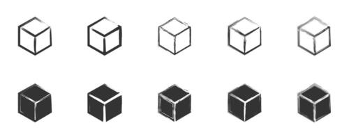 Hand drawn cube iset. Cube icon in grunge style. Vector illustration.