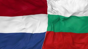 Países Bajos vs Bulgaria banderas juntos sin costura bucle fondo, serpenteado bache textura paño ondulación lento movimiento, 3d representación video