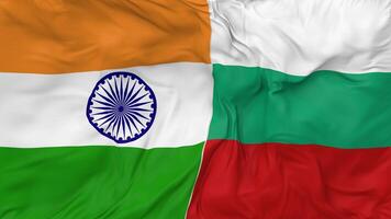 India vs Bulgaria bandiere insieme senza soluzione di continuità looping sfondo, loop urto struttura stoffa agitando lento movimento, 3d interpretazione video