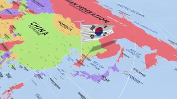 South Korea Flag Waving in Wind, World Map Rotating around Flag, Seamless Loop, 3D Rendering video