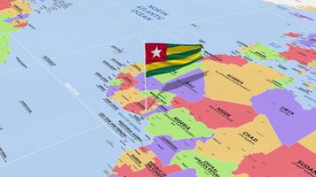 Togo Flag Waving in Wind, World Map Rotating around Flag, Seamless Loop, 3D Rendering video