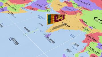 Sri Lanka Flag Waving in Wind, World Map Rotating around Flag, Seamless Loop, 3D Rendering video