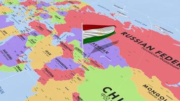 Tajikistan Flag Waving in Wind, World Map Rotating around Flag, Seamless Loop, 3D Rendering video