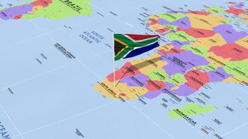 South Africa Flag Waving in Wind, World Map Rotating around Flag, Seamless Loop, 3D Rendering video