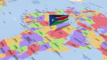 South Sudan Flag Waving in Wind, World Map Rotating around Flag, Seamless Loop, 3D Rendering video