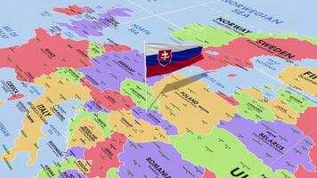 Slovakia Flag Waving in Wind, World Map Rotating around Flag, Seamless Loop, 3D Rendering video