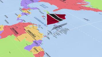 Trinidad and Tobago Flag Waving in Wind, World Map Rotating around Flag, Seamless Loop, 3D Rendering video