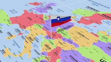 Slovenia Flag Waving in Wind, World Map Rotating around Flag, Seamless Loop, 3D Rendering video