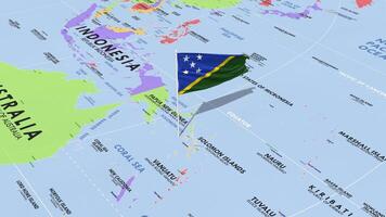 Salomón islas bandera ondulación en viento, mundo mapa giratorio alrededor bandera, sin costura bucle, 3d representación video