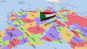 Sudan Flag Waving in Wind, World Map Rotating around Flag, Seamless Loop, 3D Rendering video