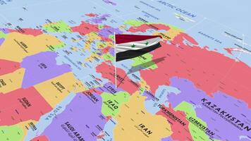 Siria bandera ondulación en viento, mundo mapa giratorio alrededor bandera, sin costura bucle, 3d representación video