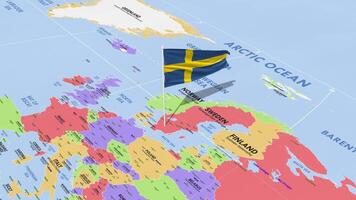 Sweden Flag Waving in Wind, World Map Rotating around Flag, Seamless Loop, 3D Rendering video